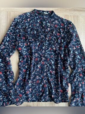 Walter Baker Navy Floral Ruffle Blouse with Red Accents Ruched XS